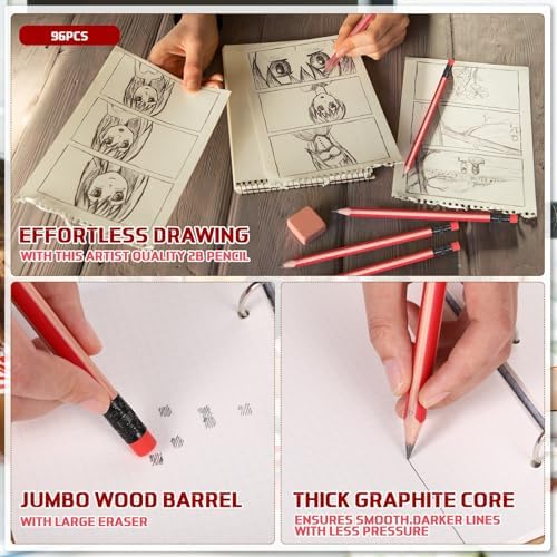 Seajan 96 Pcs 6B Jumbo Pencils, Big, Fat, Thick, Triangular Pencils Refill with Eraser 7 Inch Large Pencil for Kids Beginners Preschoolers Kindergarten School Office Christmas Gifts(Red)