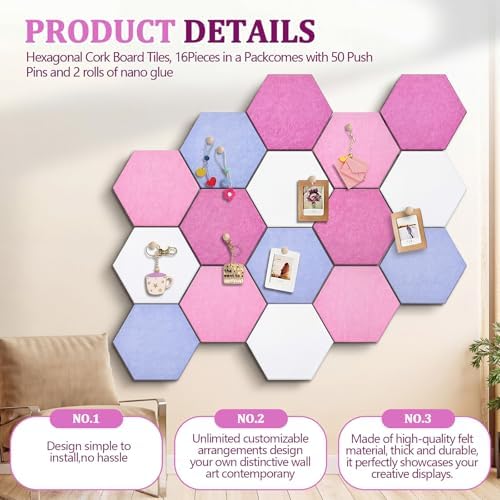 12x10 in 16 Pcs Hexagon Cork Board Tiles, Felt Pin Boards, Pink