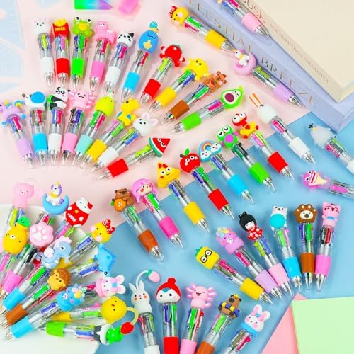 52 Pcs Mini Multicolor Pens in One 4-in-1, Cute Kawaii Ballpoint Pens Bulk with 52 Different Designs, Classroom Rewards, Student Gifts, Party Favors, Back to School Supplies for Kids