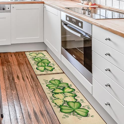 St Patricks Day Kitchen Decor Mats Set of 2, Non-Slip Absorbent Rug and Door Mats, Lucky Green Shamrock Clover Kitchen Floor Mat 17x29 and 17x47 Inch DM128