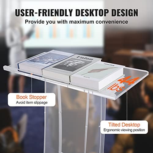 VEVOR Acrylic Podium, 47" Clear Acrylic Podium Stand with Wide Reading Surface & Storage Shelf, Floor-Standing Clear Pulpits Acrylic for Church Office School