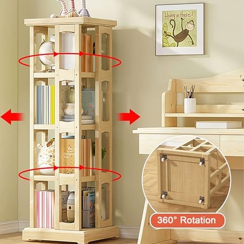 GAMAK Rotating Bookshelf 360 Display 4 Tier Floor Standing Bookcase Small Book Shelf Stand on Wheels Kids Bookshelf and Storage Rack for Small Space (Size : Bamboo, Color : Three)