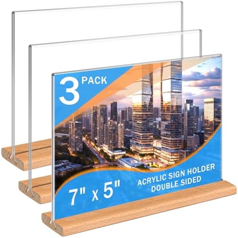 Kersally Acrylic Sign Holder 7 x 5'', 3 Pack Double-Sided Clear Table Display Stands with Wood Base,Horizontal Acrylic Frame Menu Flyer Paper Holder for Store, Restaurant, Hotel, Office, Show Fair