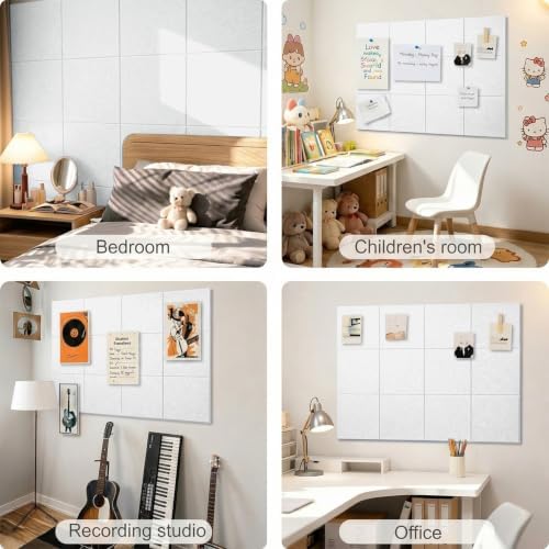 Felt Wall Tiles Bulletin Board Large Cork Board Alternative 12 Pack 11.81”x11.81”x0.47” Felt Pin Board Tack Board with Safe Removable Adhesive Tabs for Home Office School 48x36(White)