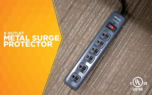 Southwire Woods Metal Surge Protector - 6 Outlets - Lighted Circuit Breaker Switch - 900J Electrical Overload Protection - 3 Foot Cord - Dark Gray