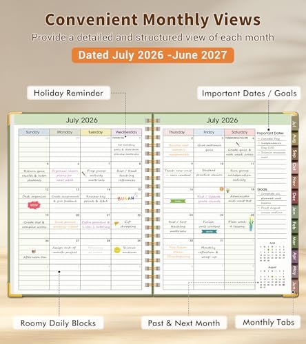 Teacher Planner 2026-2027, July 2026 - June 2027, Academic Weekly & Monthly Calendar Planner with Tabs, 8.5" x 11" A4 Teacher Lesson Plan Book with 7 Periods, Daily Agenda School Organizer for Teacher Student Homeschool, Green
