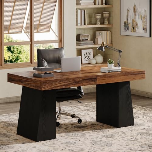 Tribesigns 55" Executive Desk, Wooden Office Desk with Double Pedestal, Modern Simple Computer Writing Table for Home Office, Brown & Black