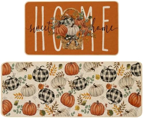 Baccessor Fall Pumpkin Basket Kitchen Rugs Set of 2,Thanksgiving Autumn Home Sweet Home Farmhouse Mat Washable Non Slip Low-Profile Indoor Floor Holiday Hallway Laundry Sink Decor 17x29 and 17x47 Inch