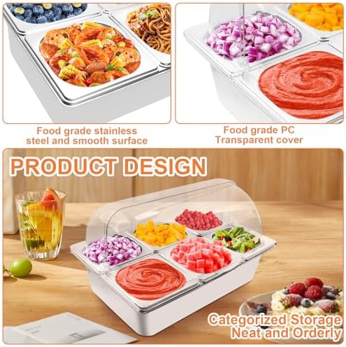 Countertop Food Serving Display Container with Clear Roll Top Cover, Catering Supplies Buffet Display, Perfect Salad Bar Buffet Station for Home and Catering Supplies, Cold Food Buffet Server(6 Pan)