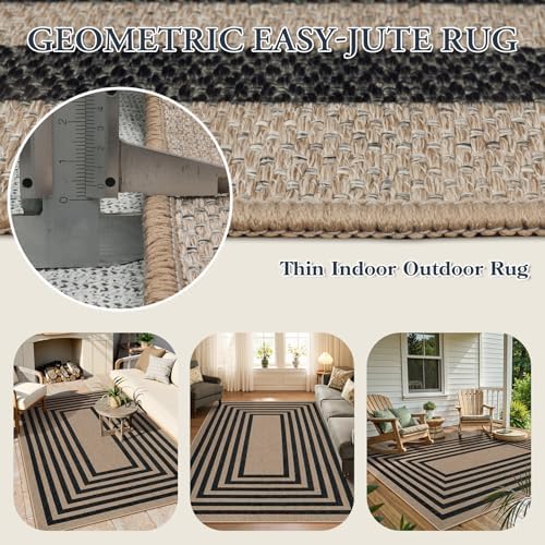 Lahome Modern Easy Jute Dining Room Rug, 5x7 Black Geometric Outdoor Rug