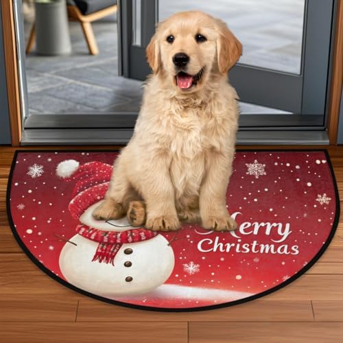 Merry Christmas Cute Snowman Half Round Door Mat, Non-Slip Welcome Indoor Entrance Way Rug Semi Circle Front Doormats Washable Bathroom Kitchen Floor Mat, Outdoor Rugs for Garage, Patio, Hearth Rug
