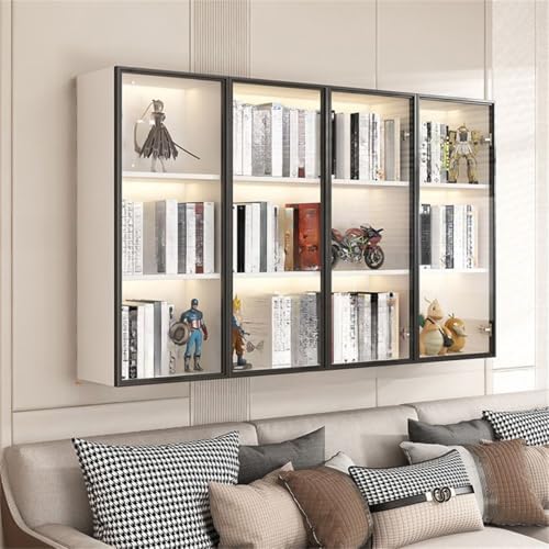 Wall Hanging Lateral Filing/Vertical Timber Wall Unit Transparent Glass Door Shelf Wall-Mounted Wood Bookcase Action Figure Model Storage Cabinet Display Case Warm White 63" L x 10" W x 38" H