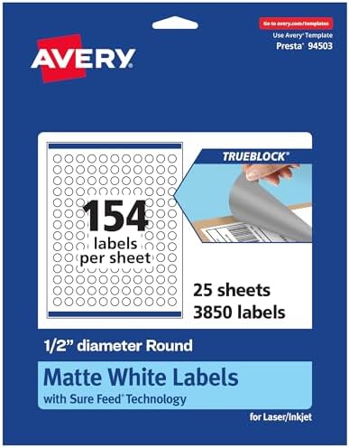 Avery® TrueBlock® Matte White Round Labels, Sure Feed® Technology, 0.5" Diameter, 3,850 Matte White Labels, Print-to-The-Edge, Laser/Inkjet Printable, Great for Product Merchandising Stickers