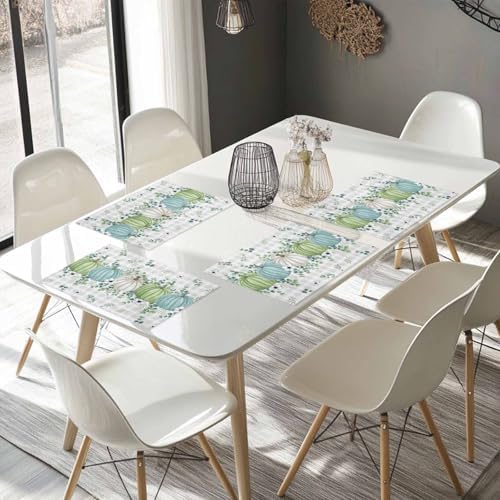 Fall Thanksgiving Placemats Set of 6, Autumn Pumpkins Eucalyptus Leaves Heat Resistant Dining Table Mats Fall Holiday Farmhouse Decor for Kitchen&Linens Outdoor Indoor, White Blue Green Gray Plaid