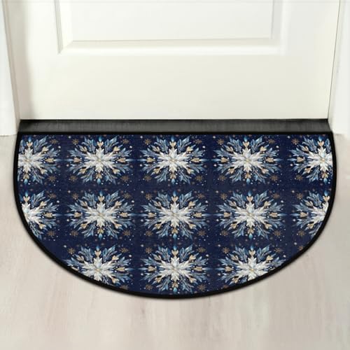 Christmas Blue Decoration Half Round Door Mat Non Slip Washable Semi Circle Area Rug Absorbent Soft Half Moon Rug Floor Mat for Indoor Outdoor Kitchen Bathroom Patio Front Door Mat Decor