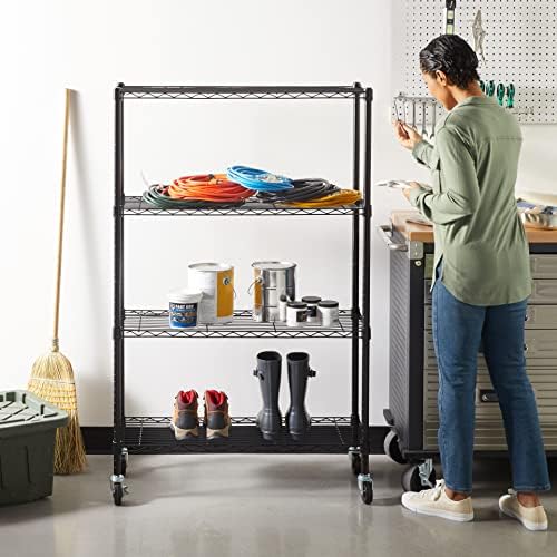 Amazon Basics 4-Shelf Heavy Duty Garage Shelving Storage Unit on 3" Wheel Casters, Adjustable Metal Wire Rack with Leveling Feet, 36" x 14" x 57.75", Black