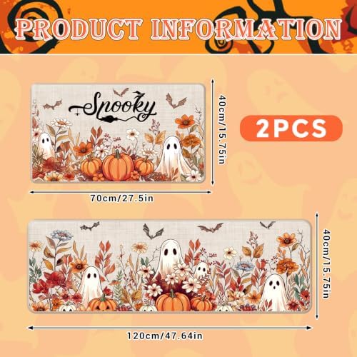 Halloween Kitchen Mats, Pumpkin Ghost Floral Kitchen Rugs
