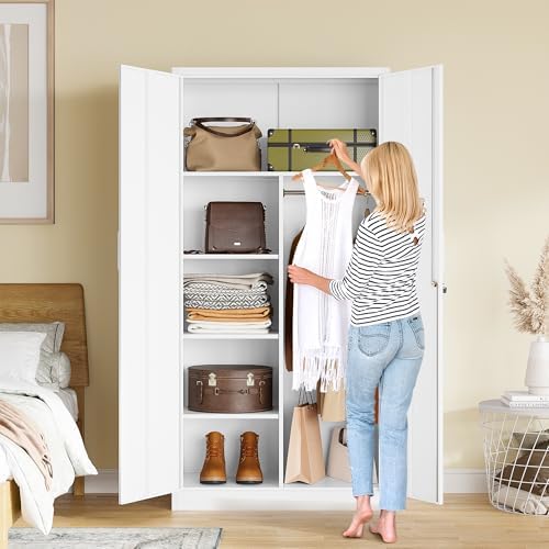 White Wardrobe Cabinet with Lock and Hanging Rod,72" Armoire Closet with Shelf,Lockable Storage Locker,Metal Storage Cabinet with Locking Doors,Steel Wardrobe for Home,Bedroom,Office,Employee,Shop