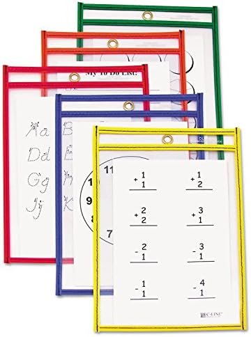 C-Line Reusable Dry Erase Pockets, 6 x 9 Inches, Assorted Primary Colors, 10 Pockets per Pack (41610)