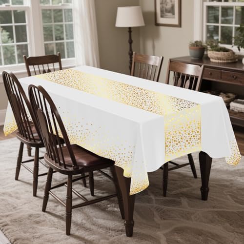 CXPSINC 54 Inch X 300 Feet Plastic Table Cover Roll Disposable Tablecloth with Slide Cutter for All Type/Shape Tables | Party, Banquet, Birthdays, Weddings(White Golden Dot, 300 Feet)