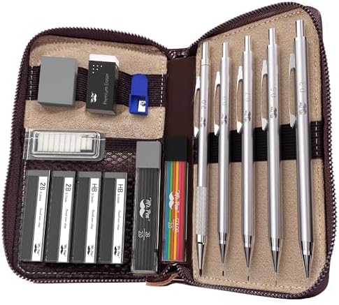 Mr. Pen- Metal Mechanical Pencil in Leather Case, 5 Pack, 5 Sizes, 0.3, 0.5