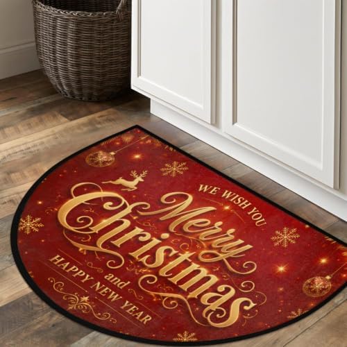 Pardick Merry Christmas Half Round Door Mat, Non-Slip Welcome Entrance Way Rug Semi Circle Front Doormats Washable Shoe Scraper Floor Mat Outdoor Rugs for Gar