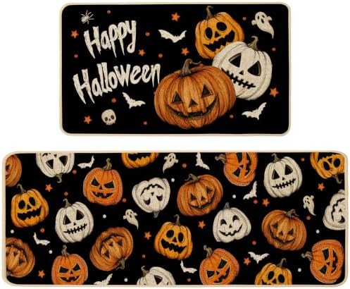 Baccessor Happy Halloween Ghost Kitchen Rugs Set of 2,Spooky Pumpkin Fall Black Mat Rug Indoor Outdoor Low-Profile Non Slip Absorbent Floor Mats for Home Party Holiday Decor 17x29 and 17x47 Inch