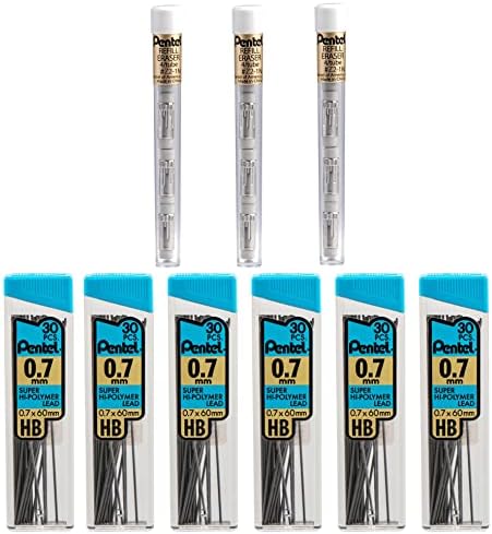 Pentel Super Hi-Polymer HB 0.7mm Lead Refills and Latex-Free White Erasers