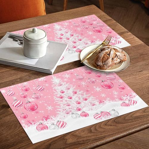 Pink Christmas Placemat 1PC, White Xmas Tree Snowflakes Pink Balls Heat Resistant Washable Table Place Mats Winter Cotton Table Linens Party Holiday Decor for Kitchen Dining Outdoor Indoor