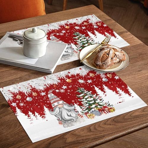 Christmas Gnome Placemats Set of 6, Winter Merry Christmas Tree Balls Heat Resistant Washable Table Place Mats Red Cotton Table Linens Party Holiday Decor for Kitchen Dining Outdoor Indoor