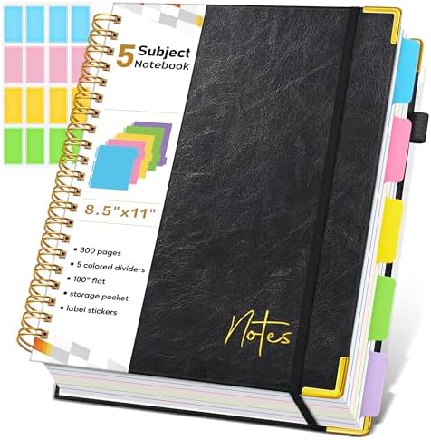 Spiral Notebook Journal with Removable Dividers Tabs, 300 Pages Hardcover Leather 5 Subject College Ruled Notebook, 8.5"x11" Large A4 Lined Journal for Women Men, Spiral Notebook for Work School,Black