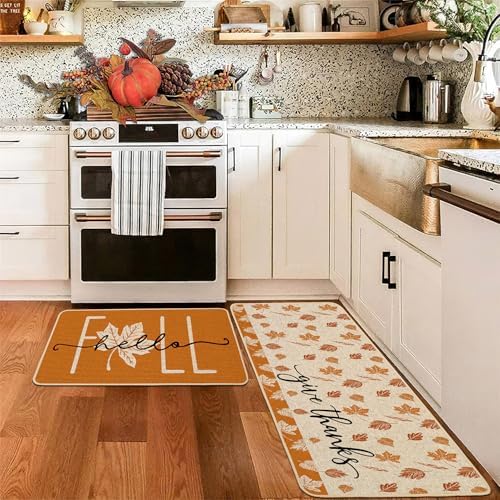 Baccessor Maple Leaves Fall Kitchen Rugs Set of 2, Autumn Leaves Kitchen Mats for Floor Low-Profile Fall Thanksgiving Home Decor 17x29 and 17x47 Inch