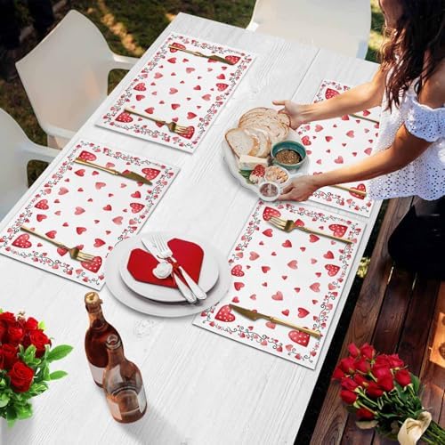 Valentine's Day Placemats Set of 4, Red Love Heart Place Mats Washable Dining Table Mats Wedding Anniversary Party Valentines Decor for Kitchen&Linens Outdoor Indoor, Romantic Pink White