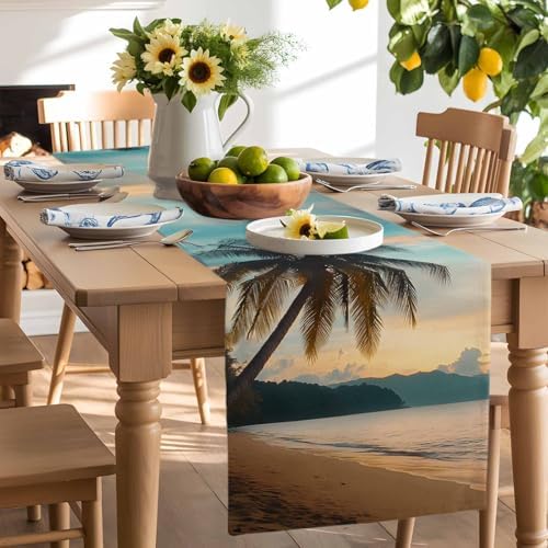 Sunset Beach Table Runner Dresser Scarf 13 x 36 Inch Tropical Coastal Ocean Palm Tree Nautical Table Runners Non-Slip Heat Resistant Kitchen Dining Table Decor for Home Holidays Indoor Outdoor