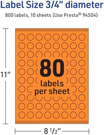 Avery® Printable Round Labels, Sure Feed® Technology, 3/4" Diameter, Bright Orange Labels, Print-to-the-Edge, Laser/Inkjet, 800 Total, Great for Price Stickers and Mailing Seals