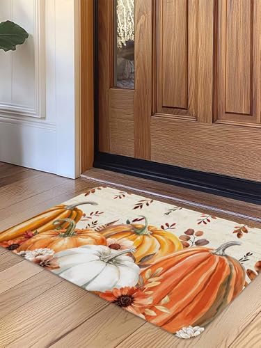 Fall Door Mat Harvest Pumpkin Doormat Orange Flower Eucalyptus Leaves Beige Harvest Thanksgiving Welcome Mat Non Slip Entryway Front Rug Floor Mat for Indoor Outdoor Kitchen Autumn Holiday Decor 20x32