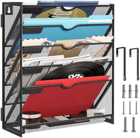 Lavatino 6-Tier Hanging File Organizer, Wall Mount File Holder for Mails Folders Papers Magazine Organization, Vertical Document Organizer for Office Home - Black