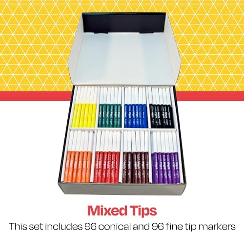 School Smart Conical and Fineline Watercolor Combo Marker Pack - Pack of 192 - 12 Each of 8 Assorted Colors - 086417