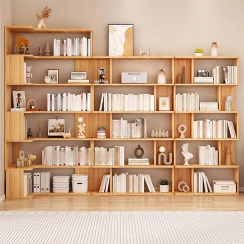 Vertical L-Shape Storage with Open Back 6 Shelves Corner Bookshelf Wood Floor Rack Student Integrated Wall Bookcase Corner Cabinet Multi-layer Storage Cabinet Light Walnut 24"L x 35"W x 75"H