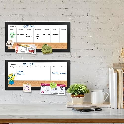 Magnetic Weekly Whiteboard and Cork Board, Black Wood Frame, 16" x 8"
