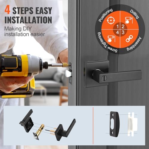 VEVOR Privacy Door Handle, 10-Pack Matte Black Interior Door Lever, Left or Right Handing Reversible Lever with Keyless Turn Lock, 45° Rotation to Open, Door Handles for Bedroom and Bathroom Doors