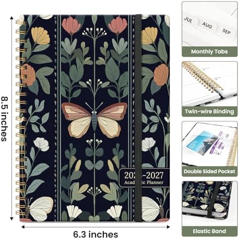 Planner 2026-2027, Jul 2026-Jun 2027 Academic Monthly & Weekly Planner | 6.3" x 8.5" Hardcover Pretty Calendar Planner for Women, Spiral Organizer for School Office Home Supplies, Butterfly Tapestry