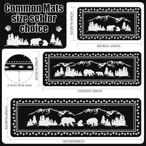 Pickmesh Set of 3 Kitchen Mats Cabin Bear Rugs Woodland Nursery Mat Decor Rustic Lodge Theme Area Rug with Bear and Cub Mountain Scene Cabin Carpet for Home Bathroom (Classic Style)