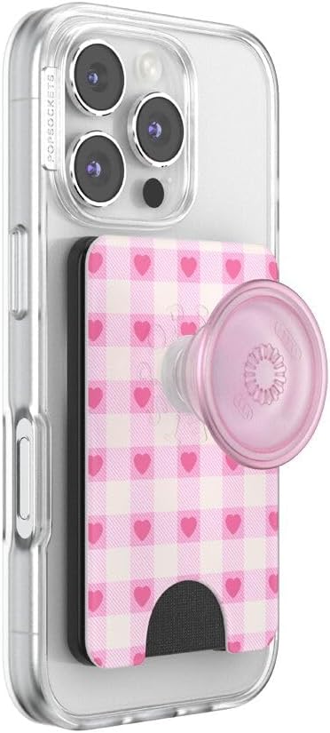 PopSockets Phone Wallet for MagSafe with Grip- Blush Gingham | PopWallet, Holds 3 Cards, Magnetic, Removable, Secure, Checkered, Pink