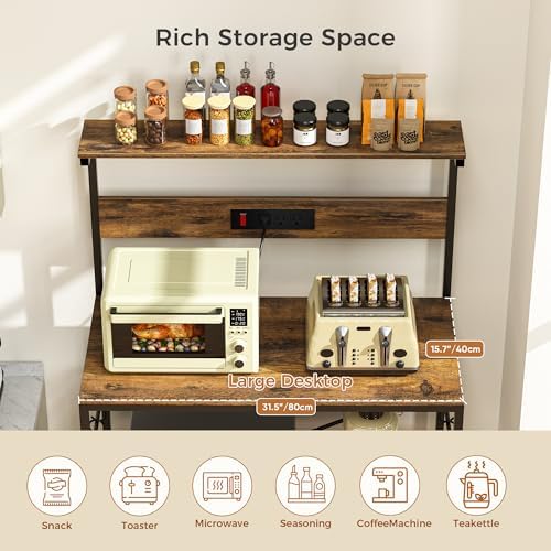 VUSIGN Kitchen Bakers Rack with Power Outlet, 31.5 Inch Coffee Bar Station with 6 S Hooks, 4 Tiers Microwave Stand with Storage, Kitchen Stand for Pots/Pans/Spices, Rustic Brown