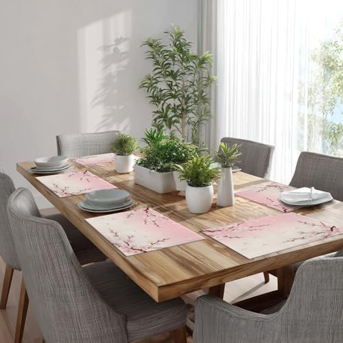 Batmerry Pink Cherry Blossom Linen Placemats Set of 4, Delicate Spring Blossoms Washable Table Mats for Kitchen Table Thickened Heat Insulation Dining Set Indoor Outdoor 12X18 in