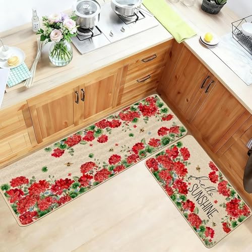 Baccessor Summer Kitchen Mats Set of 2, Geranium Floral Bee Kitchen Rugs for Floor Non Slip Absorbent Low-Profile Seasonal Farmhouse Home Decor 17x29 and 17x47 Inch