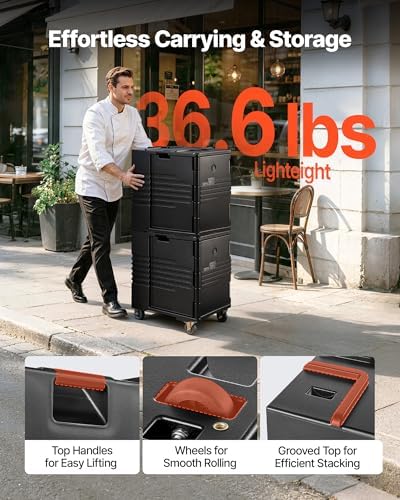 VEVOR Insulated Food Pan Carrier, 95 Qt Non-Electrical Food Warmer, with Wheel & 304 Stainless Steel Latch, LLDPE Stackable Hot Box, for Various Pan Sizes(NOT Included), Fit Catering BBQ Event(Black)