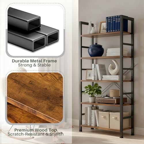 5 Tier Bookshelf, Free Standing Bookcase with Open Storage Shelves