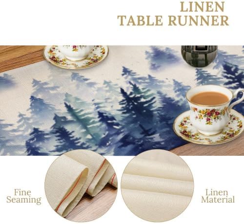 Watercolor Blue Pine Trees Table Runner, Forest Woodland Tabletop Scarf Home Kitchen Holiday Decor, Seasonal Farmhouse Rustic Dining Decorations Party Supply 13 X 120 Inch